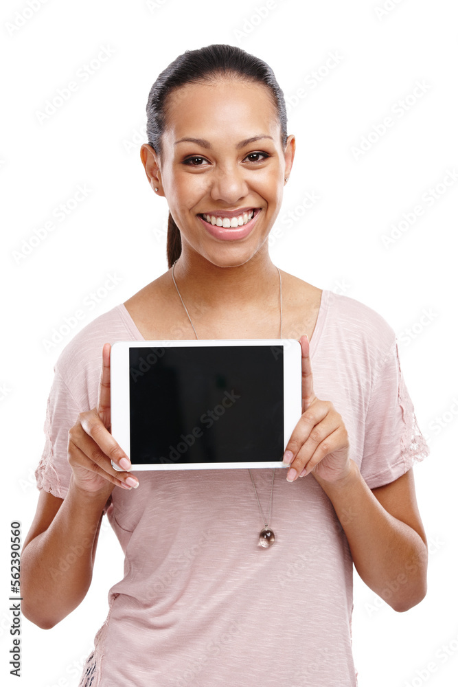 在白色背景上隔离的工作室里，屏幕、肖像和带平板电脑模型的女人。营销，b