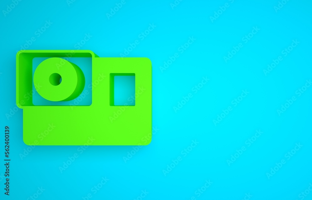 绿色行动极限摄像机图标隔离在蓝色背景上。用于拍摄文本的摄像机设备