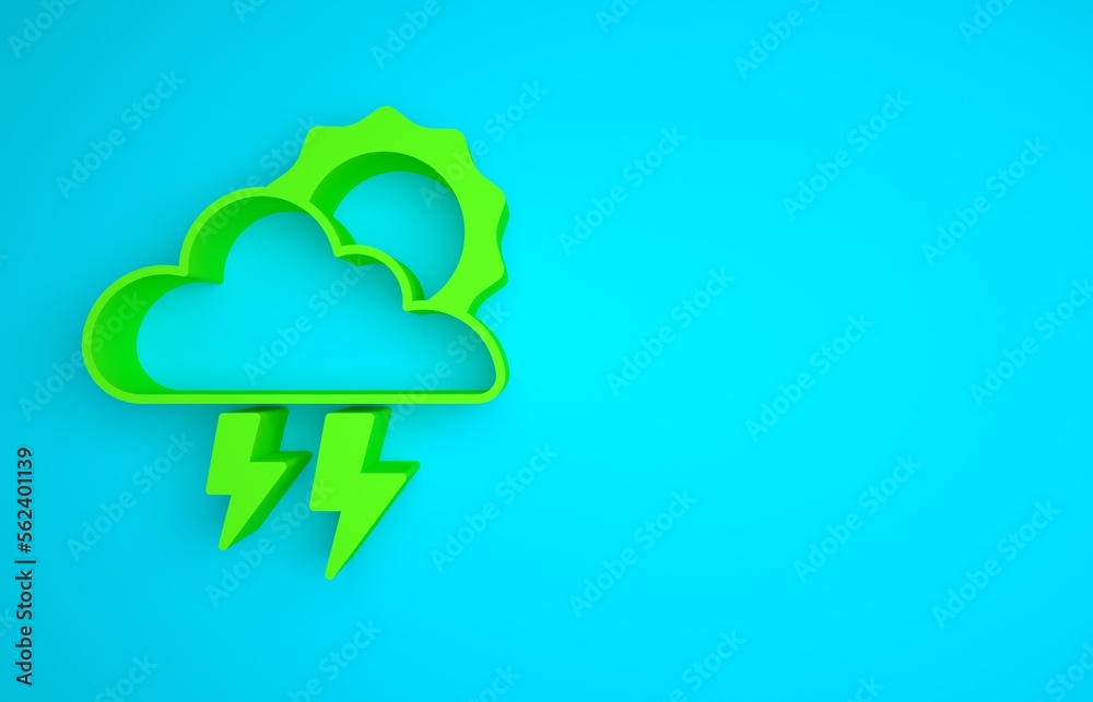 蓝色背景上隔离的绿色风暴图标。带闪电和太阳标志的云。sto的天气图标