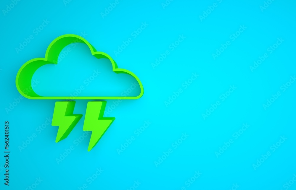 Green Storm icon isolated on blue background. Cloud and lightning sign. Weather icon of storm. Minim