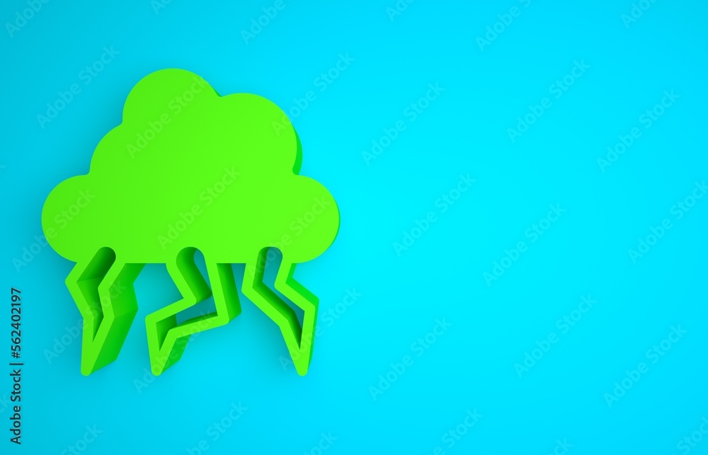 Green Storm icon isolated on blue background. Cloud and lightning sign. Weather icon of storm. Minim