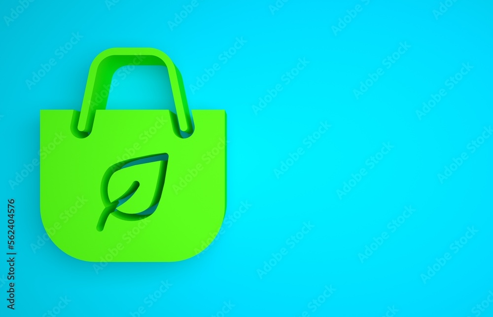 Green Paper shopping bag with recycle icon isolated on blue background. Bag with recycling symbol. M