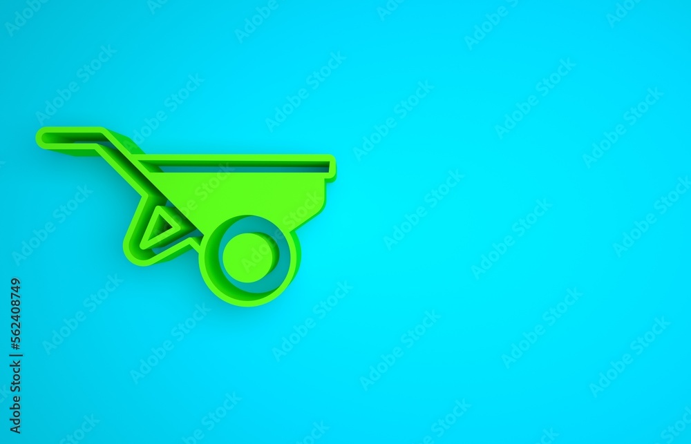 Green Wheelbarrow with dirt icon isolated on blue background. Tool equipment. Agriculture cart wheel