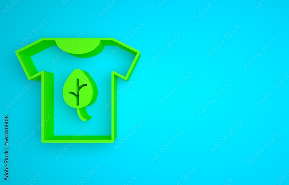 蓝色背景上隔离的绿色素食主义衬衫图标。极简主义概念。3D渲染插图
