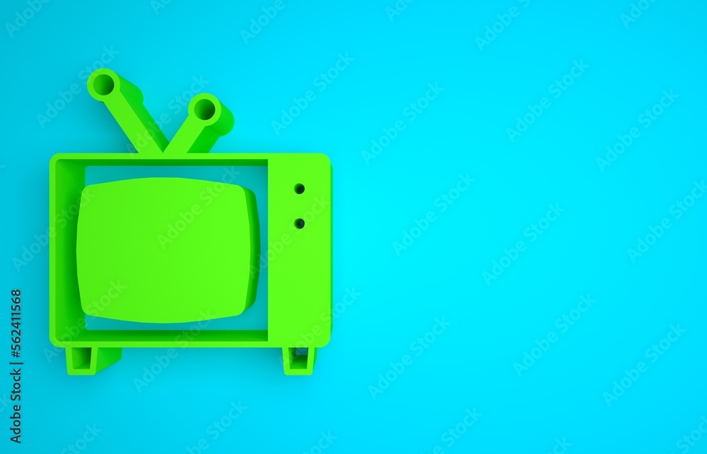 蓝色背景上隔离的绿色复古电视图标。电视标志。极简主义概念。3D渲染illu