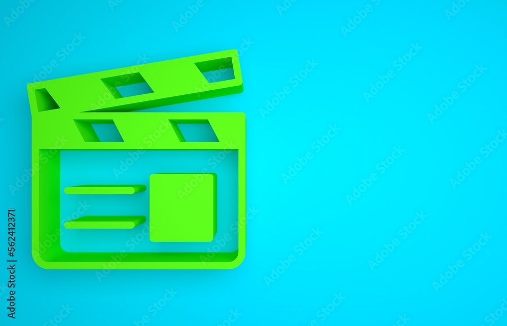 蓝色背景上隔离的绿色电影拍手图标。电影拍手板。拍手板标志。电影院