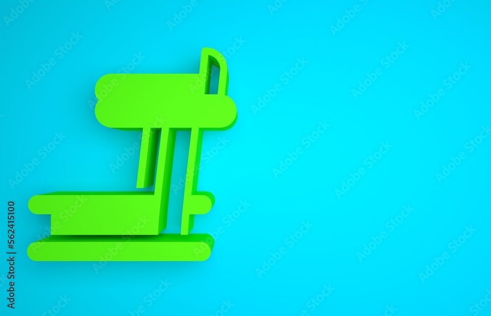 蓝色背景上隔离的绿色跑步机图标。极简主义概念。3D渲染插图