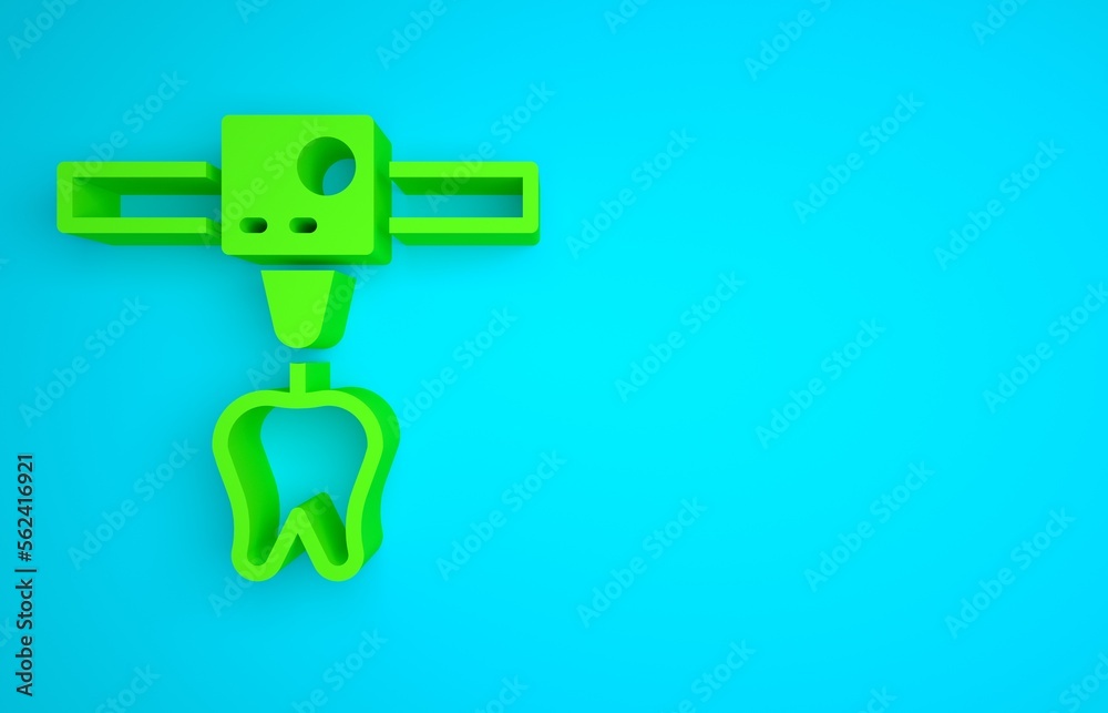 蓝色背景上隔离的绿色3D打印机牙齿图标。3D打印。极简主义概念。3D渲染