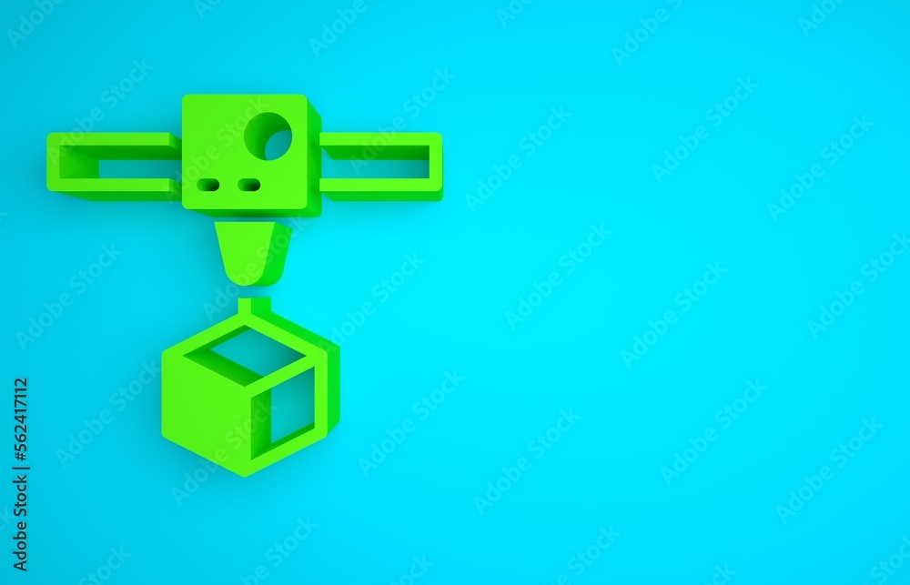 Green 3D printer cube icon isolated on blue background. 3d printing. Minimalism concept. 3D render i