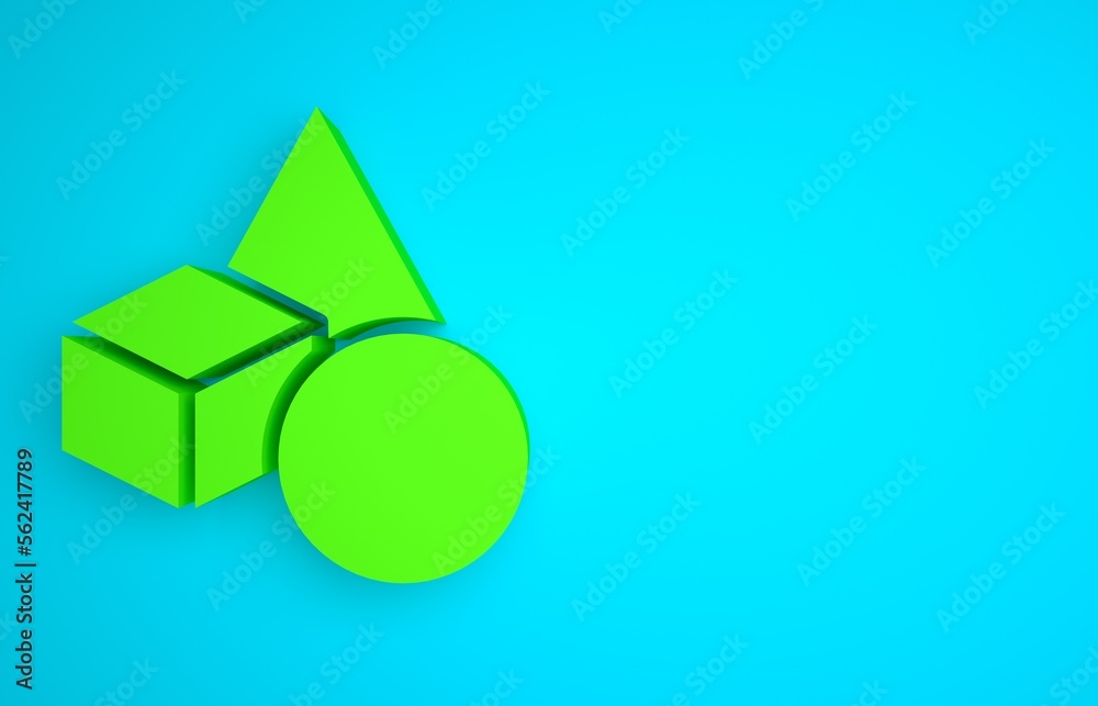 蓝色背景上隔离的绿色基本几何形状图标。极简主义概念。3D渲染插图