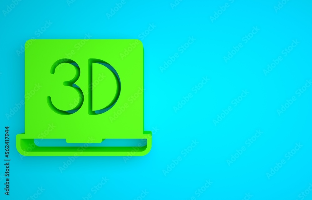 蓝色背景上隔离的绿色3D打印机图标。3D打印。极简主义概念。3D渲染插图