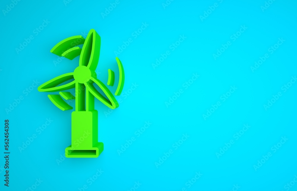 Green Wind turbine icon isolated on blue background. Wind generator sign. Windmill for electric powe