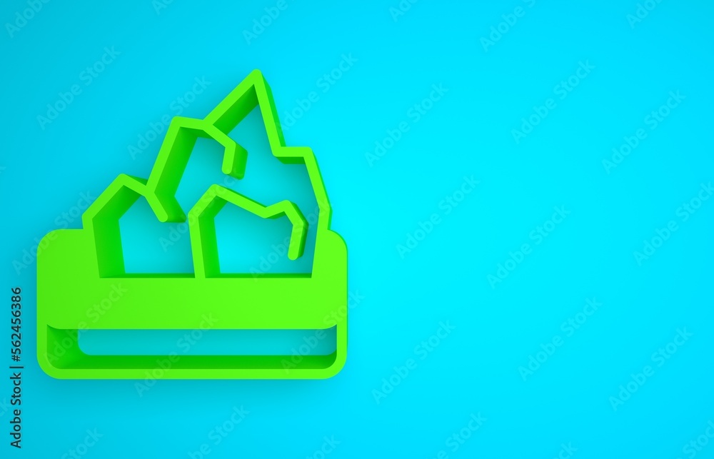 绿色矿石开采图标隔离在蓝色背景上。极简主义概念。3D渲染插图