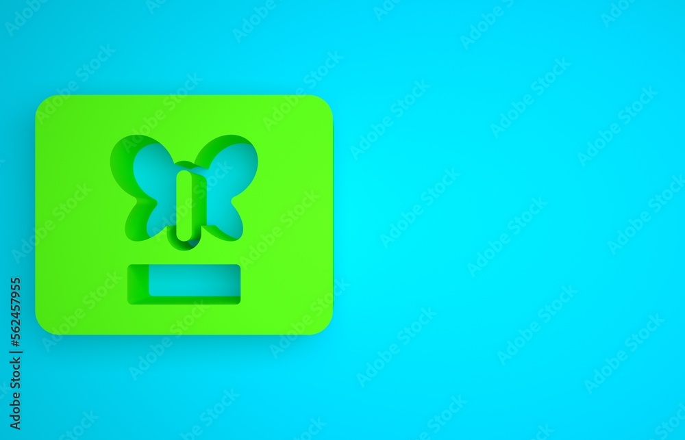 蓝色背景上隔离的框架图标中的绿色蝴蝶。植物标本馆。极简主义概念。3D rende