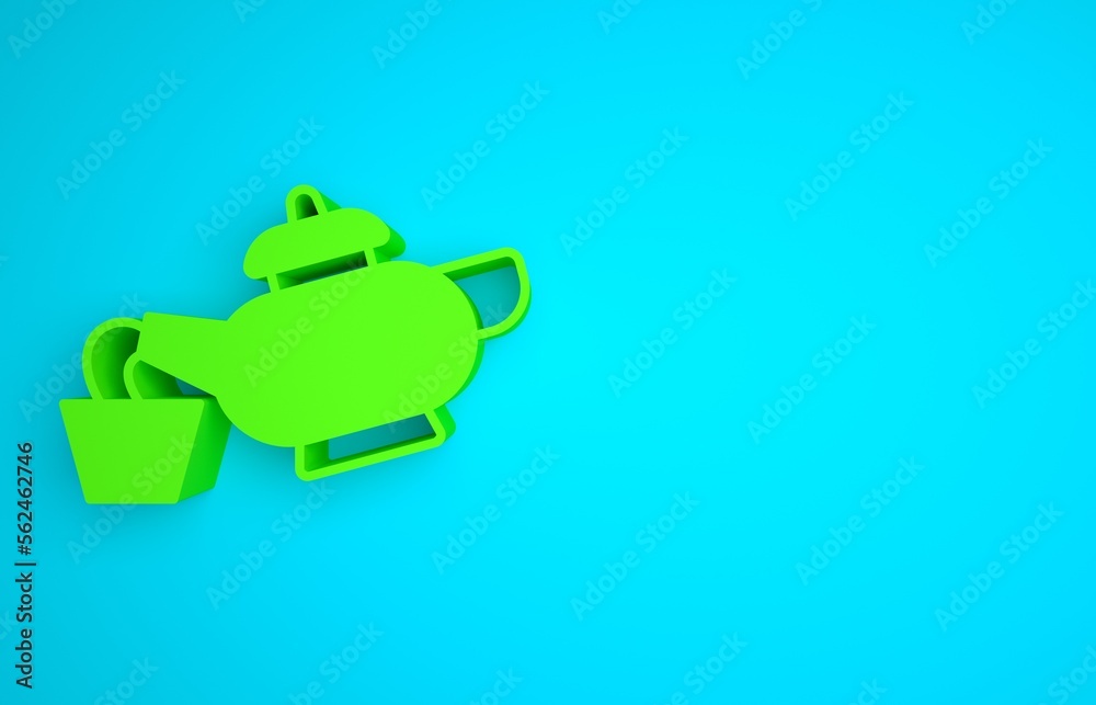 Green Traditional Chinese tea ceremony icon isolated on blue background. Teapot with cup. Minimalism