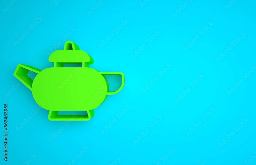 蓝色背景下的绿色中国传统茶道图标。带杯子的茶壶。极简主义