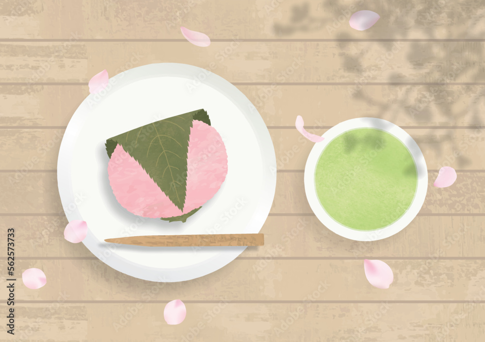 桜と桜餅と緑茶水彩画