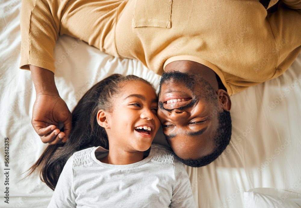 Black family, father and daughter love on a bed with a smile on face or laughing at funny memory. Ab