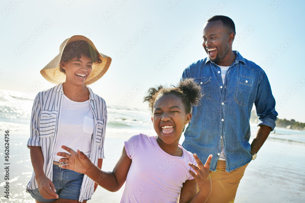 Beach, parents and portrait of African girl on holiday with a peace sign, crazy and funny in Austral