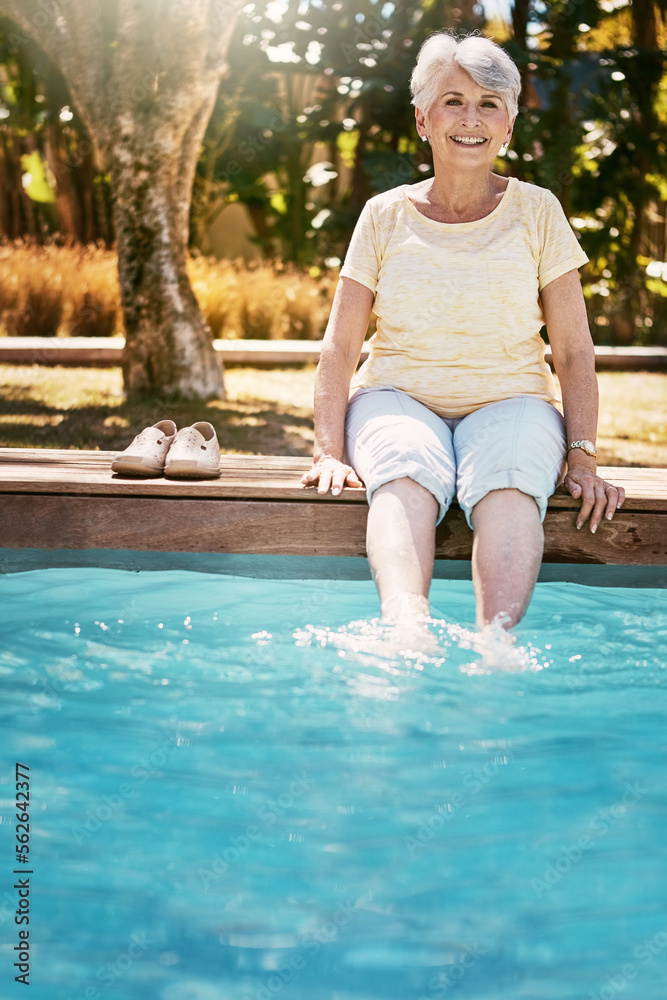 Relax, senior woman and feet pool in happy portrait with smile and fun time on retirement holiday. S