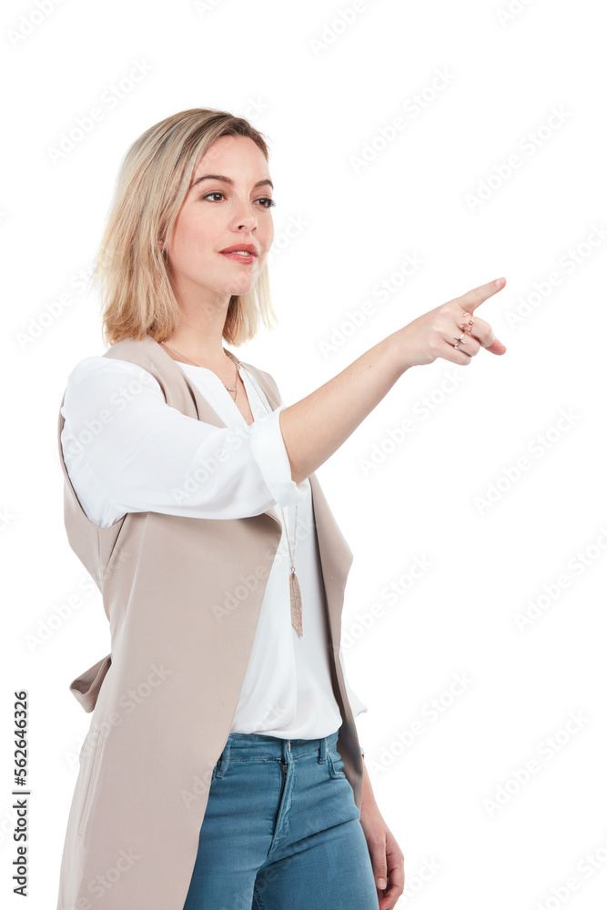 Fashion, pointing and mockup with a model woman in studio isolated on a white background to show emp