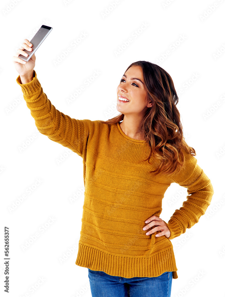 Young woman, selfie and smartphone for happiness, confidence and female person isolated on white stu