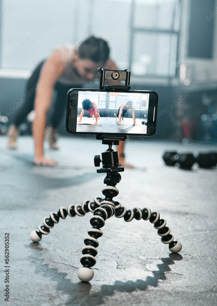 Influencer, phone and fitness women recording, filming or broadcast online training video, exercise 