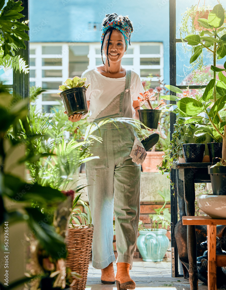 Black woman, portrait and plant shop for gardening, nursery or greenhouse retail. Entrepreneur worki