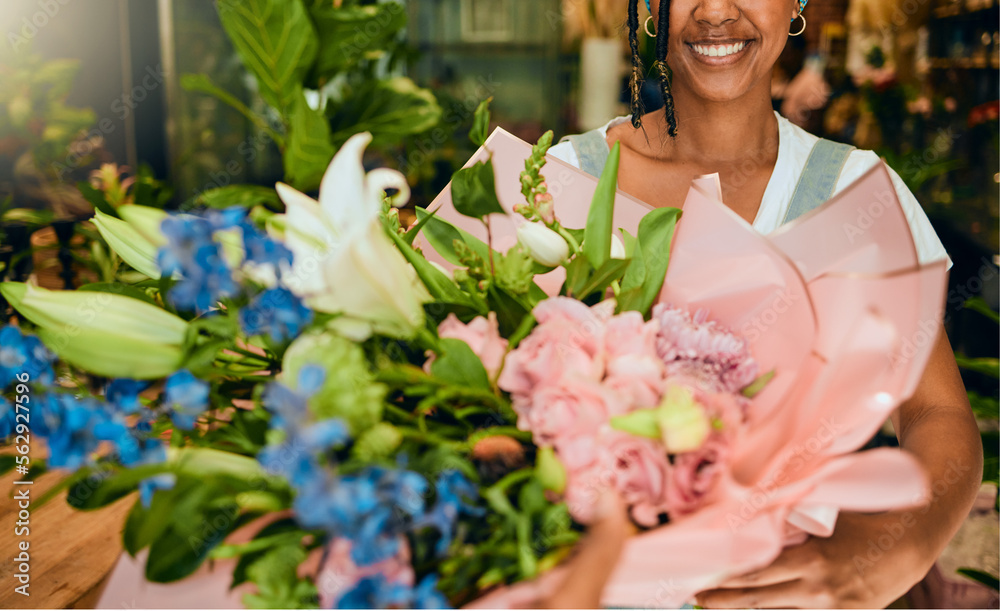 Bouquet, happy and woman shopping for flowers at a shop for spring, gift or gardening. Floral, entre