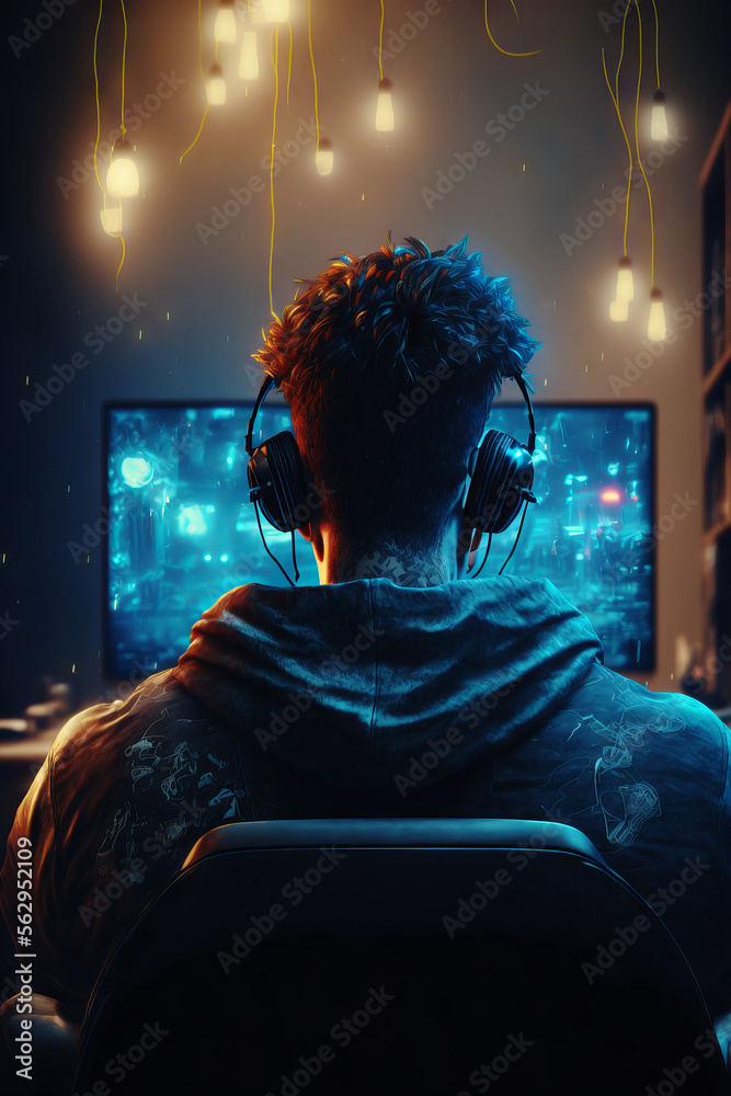 一名男子在未来主义的室内玩电子游戏。一名玩家坐在显示器前的后视图