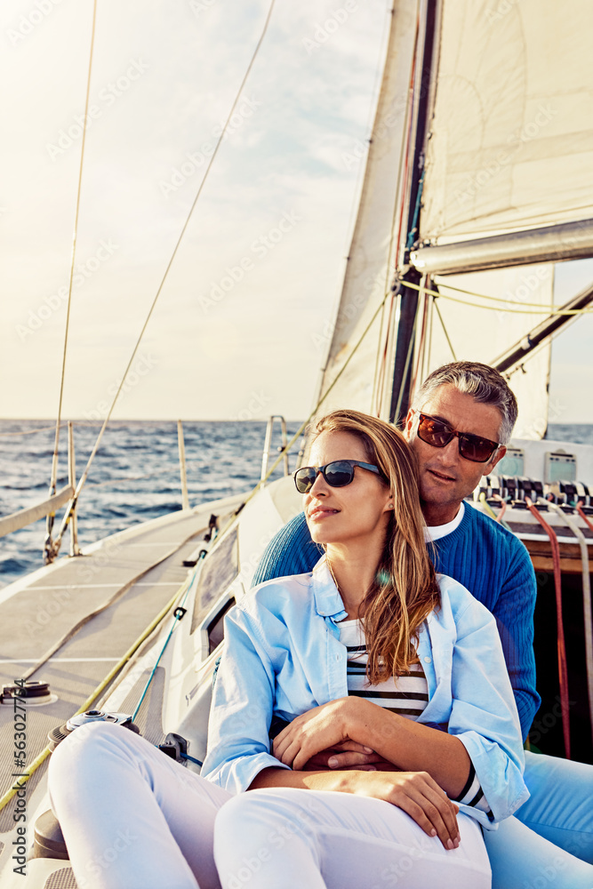 Retirement, investment and luxury with couple on yacht for summer, relax and wealth on Bali trip. Tr