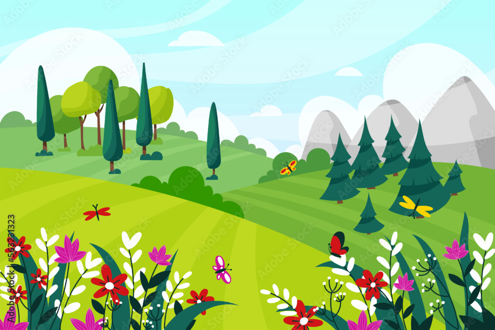 Spring forest landscape. Nature panorama with mountains and green hills. Season scenery of park lawn