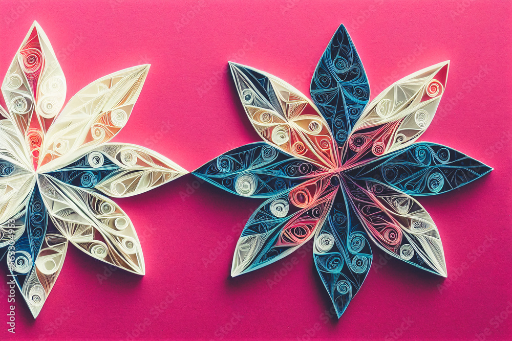 Splendid paper quilling snowflake shape flower background in . Realistic abstract paper craft in geo