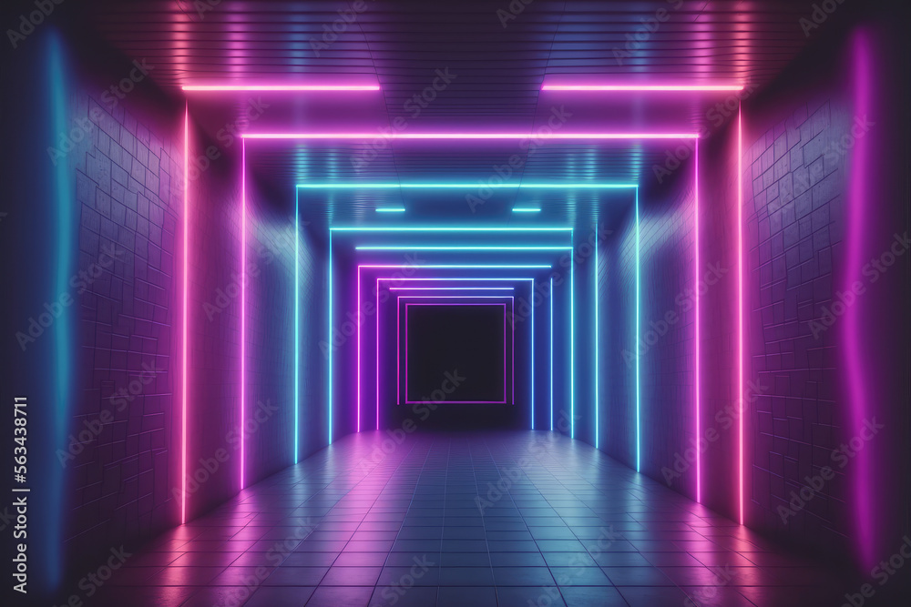 霓虹灯走廊隧道，视角逐渐缩小。未来主义的步行道。独特