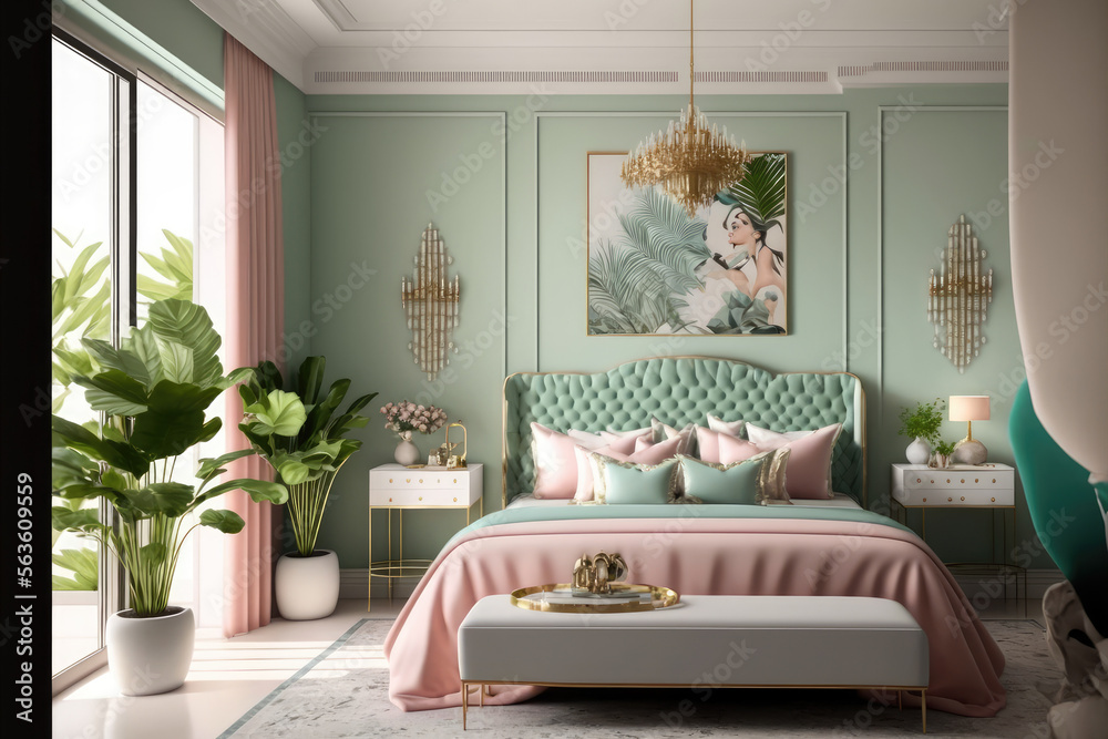 粉彩优雅的卧室室内设计。独特的人工智能生成图像。