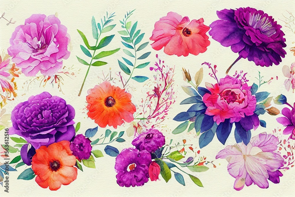 花束套装水彩艺术品设计。春天和夏天的花朵自然风格