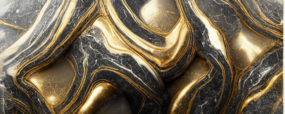 华丽的现代大理石花纹绘画抽象设计黑色和金色波浪纹图案纹理大理石