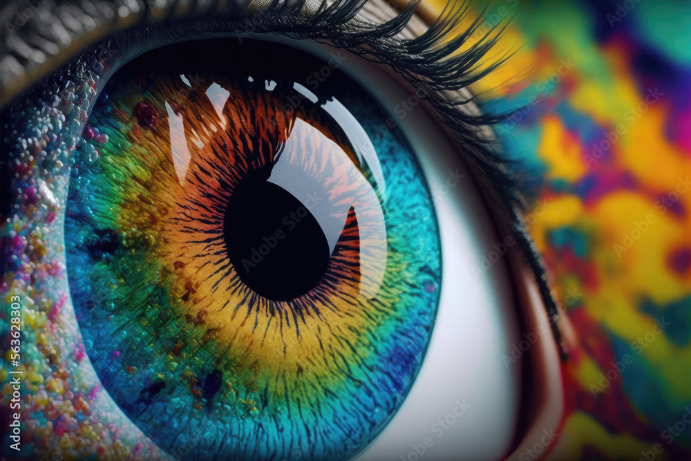 彩色眼球和彩色化妆粉的女性眼睛特写。独特的人工智能属