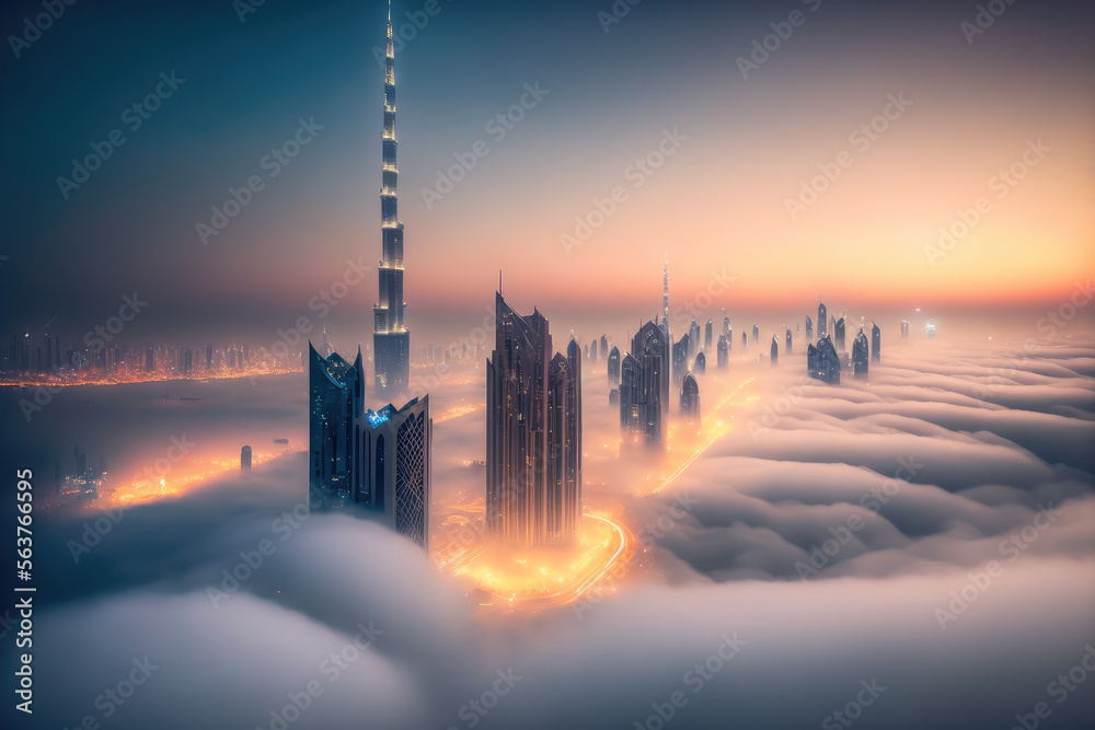 清晨日出时，摩天大楼的顶部高高耸立在云层之上。未来主义建筑o