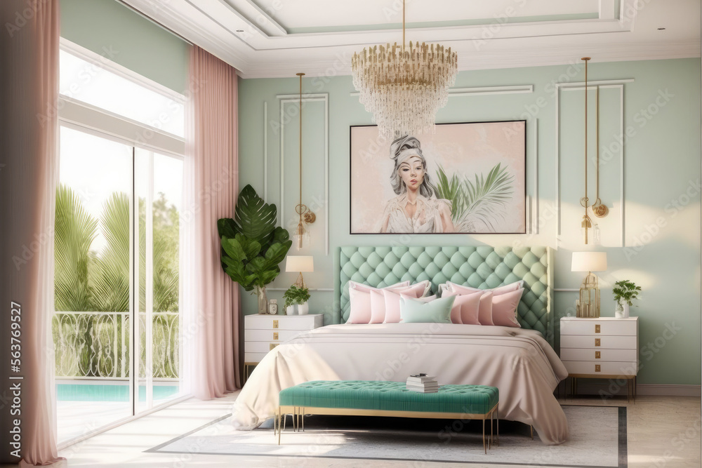 粉彩优雅的卧室室内设计。独特的人工智能生成图像。