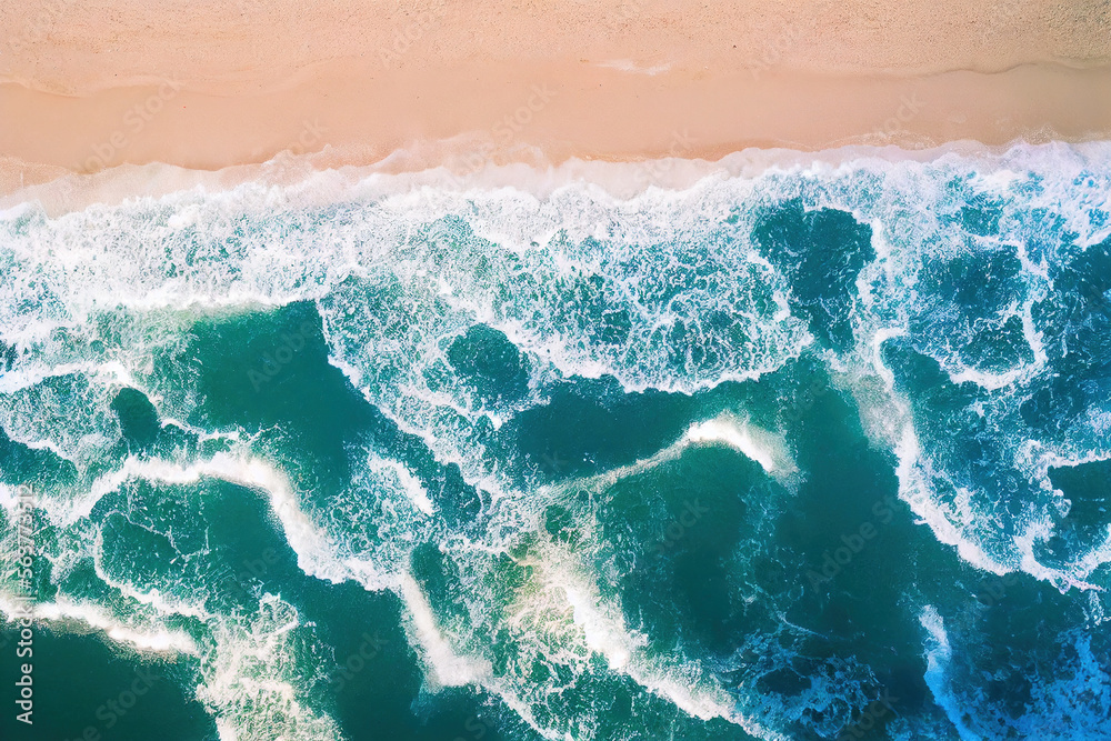 Spectacular top view from drone photo of beautiful beach with relaxing sunlight, sea water waves pou
