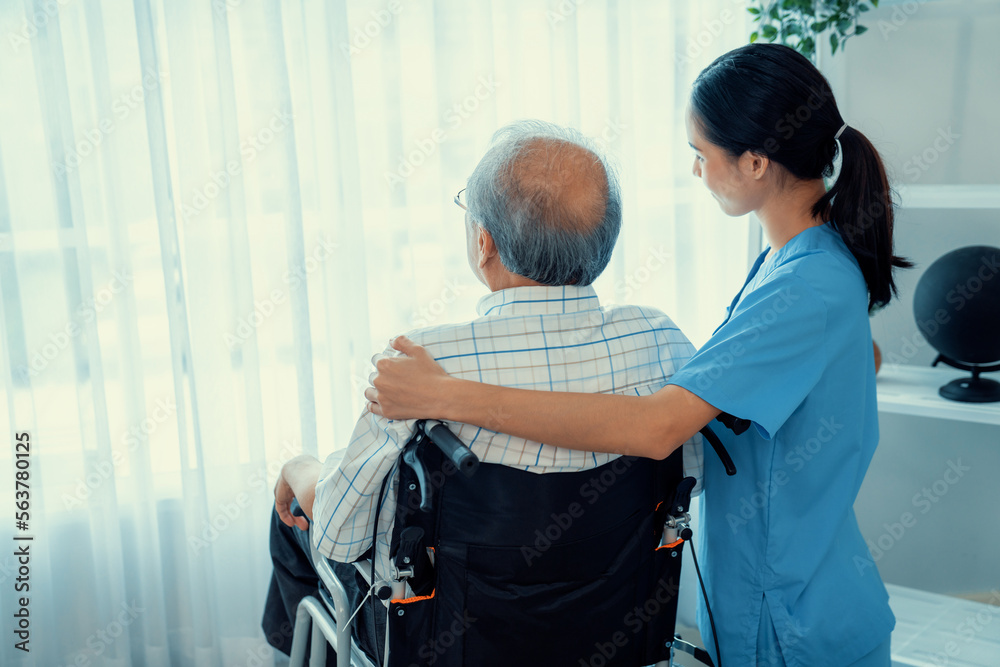 Rear view of a caregiver and her contented senior patient gazing out through the window. Elderly ill
