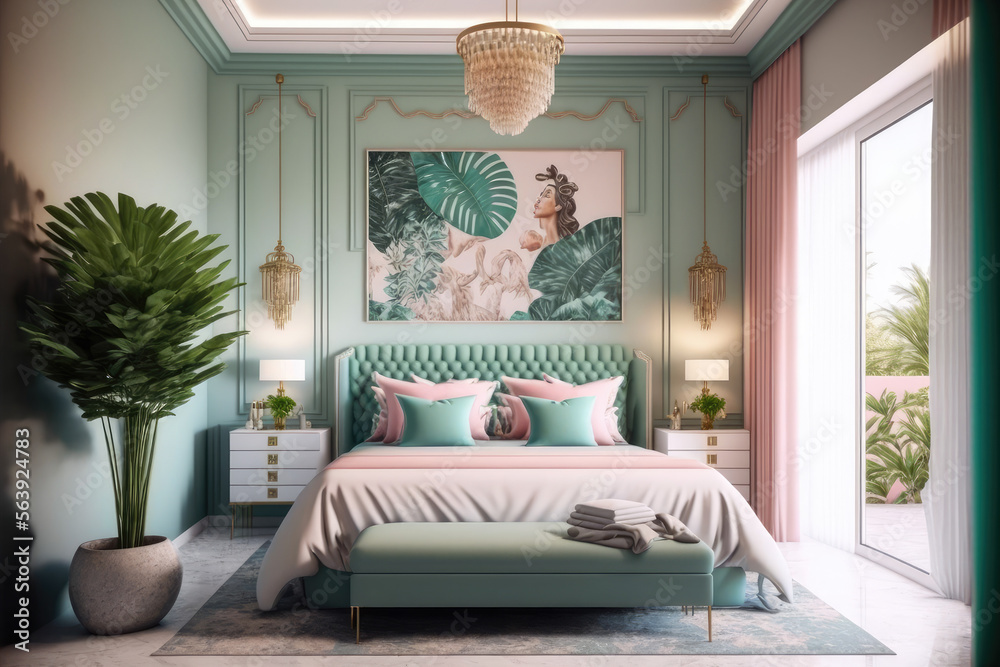 柔和色调优雅的卧室室内设计。独特的人工智能生成图像。