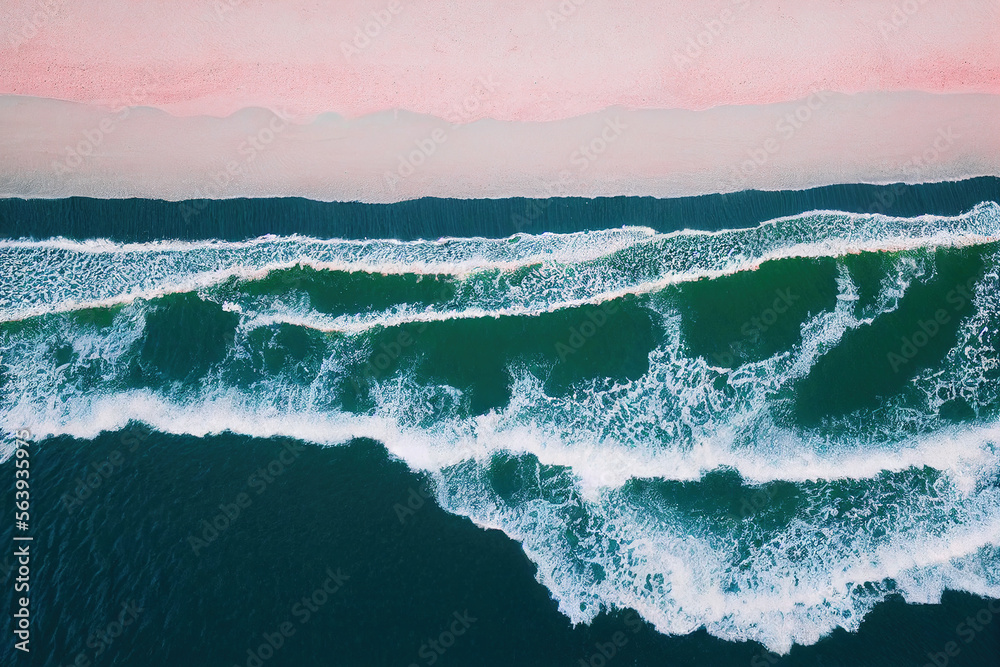 无人机拍摄的美丽粉红色海滩的壮观俯视图，阳光明媚，海浪汹涌