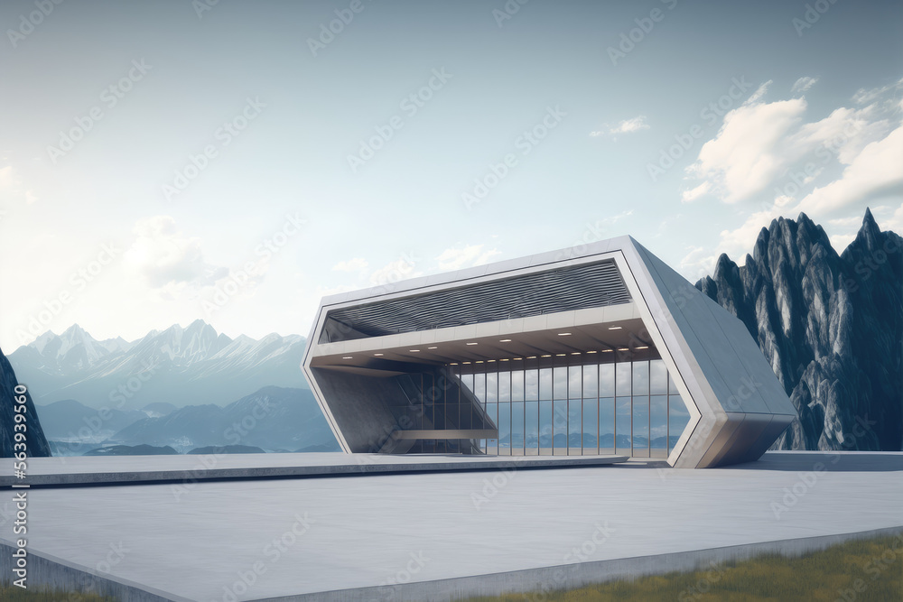 户外空旷的高山上的现代大厅入口立面的未来主义建筑