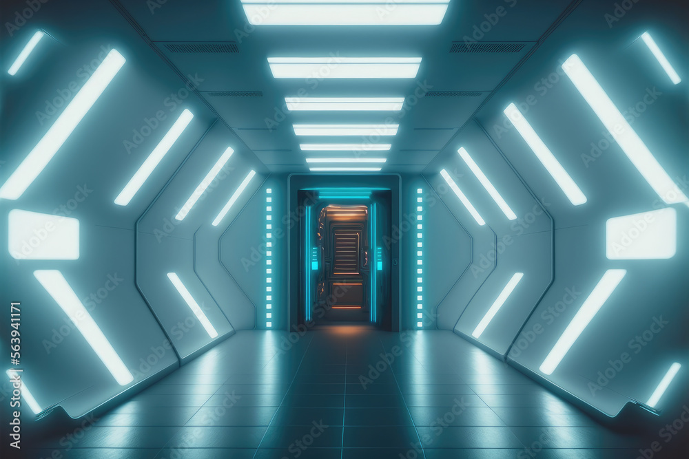 蓝色灯光装饰的太空船的空科幻未来主义房间。超现代的室内设计。