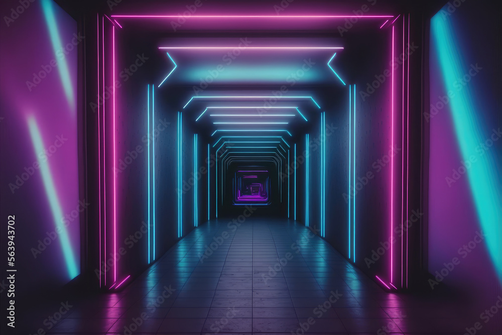 霓虹灯走廊隧道，视角逐渐缩小。未来主义的步行道。独特