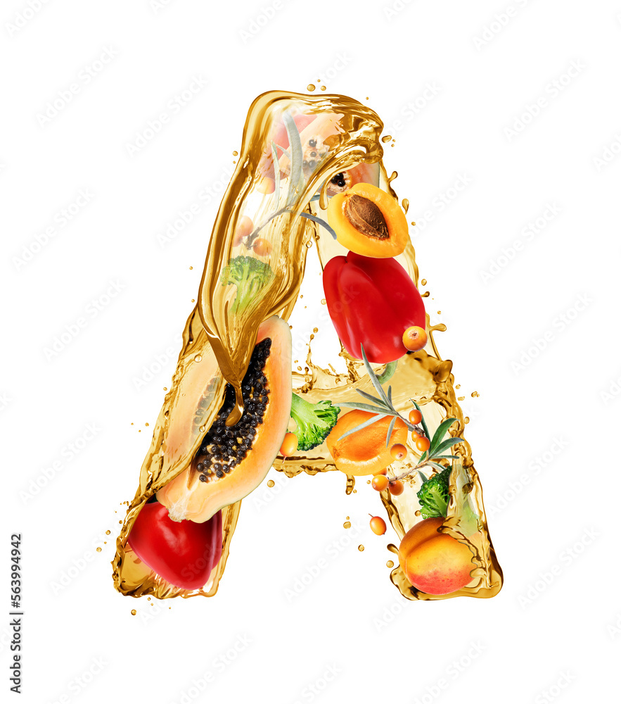 Latin letter A made of splashes with food ingredients isolated on a white background (Vitamin A)
