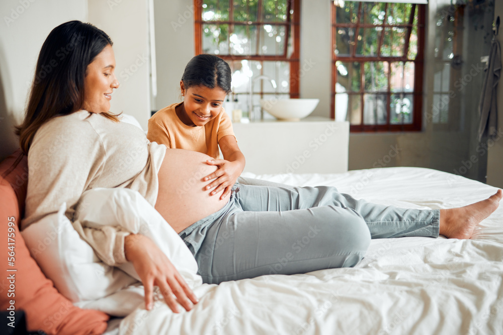 Relax, pregnant and family woman on bed with excited, happy and joyful smile of curious child. India