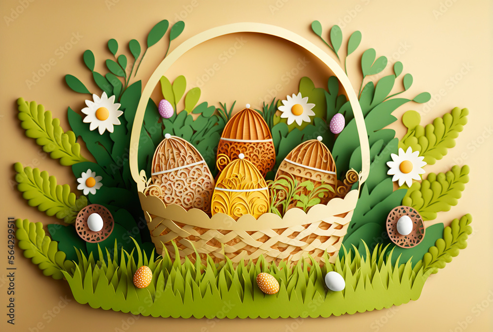 Paper cut background with basket full of Easter eggs. Intricate details. Generative AI 